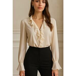 St. John Quiet Luxury Silk Ruffle Button up Blouse 10 Ivory Coquette Victorian